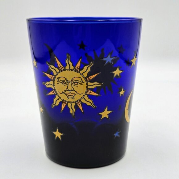 Libbey Celestial Sun Moon Stars Cobalt Blue Old Fashioned Glass Friends Yellow - Picture 7 of 11
